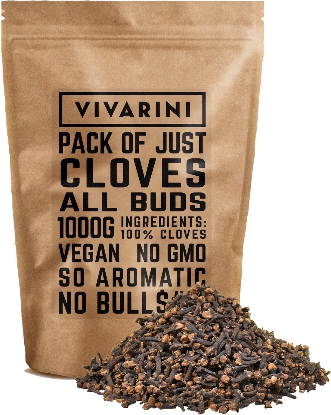 Sachet Vivarini de 1 kg de clous de girofle entiers, avec un tas de clous